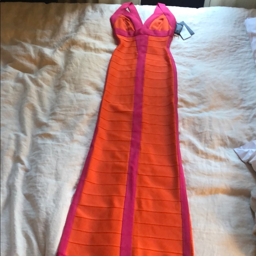 Herve Leger Nari bandage gown in pink/orange